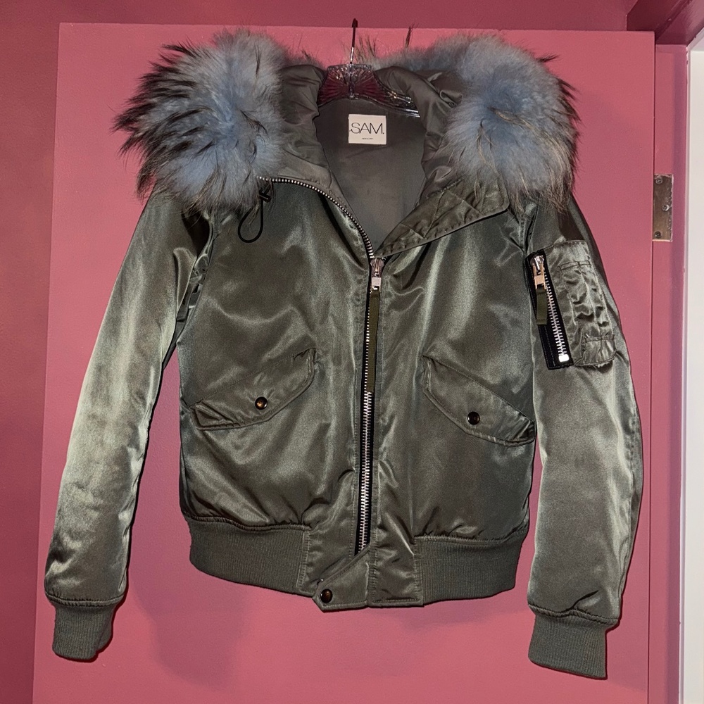 Sam. Bomber jacket with blue real fur hood